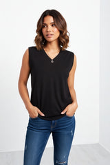 Black  V Neck Sleeveless Knitted Vest- Hanya
