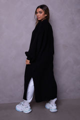 Black Knitted Balloon Sleeve Side Split Longline Midi Cardigan- Emmy