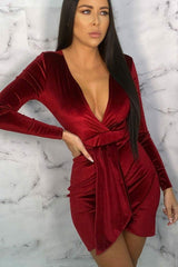 Wine Velvet Tie Front Bodycon Mini Dress - Meesha