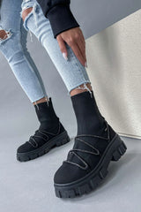 Black Diamante Lace Detail Sock Boots – Lulu