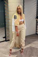 Beige Varsity Slogan Contrast Sleeve Bomber - Hallie