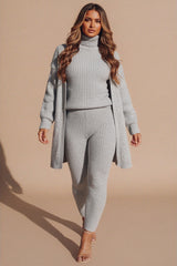 Grey Ribbed Knitted 3 Piece Loungewear Set-Jinet