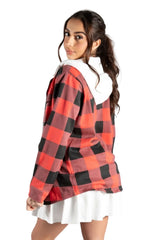 Red Check Hooded Fleece Shacket- Gilo