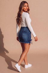 Blue Denim Eyelet Ribbon Petite Hem Mini Skirt - Violina