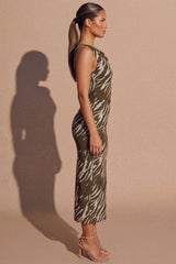Olive Zebra Print Ruched Sleeveless Bodycon Dress- Vanila