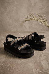 Black Gladiator Style Flat Sandals - Jessica