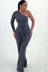 Smoke Grey Belted One Shoulder Jumpsuit - Evelyn