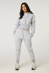 Grey Marl Long Sleeve Cropped Fleece Hoodie & Cuffed Joggers Loungewear Set - Layla
