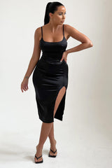 Black Satin Side Split Midi Dress - Daphne