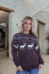 Wine Reindeer & Snowflake Pattern Knitted Christmas Jumper - Talia