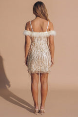 Beige Sequin Feather Trim Off The Shoulder Mini Dress - Kaya