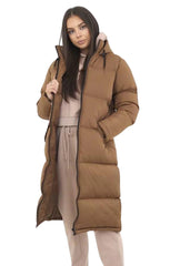 Camel Longline Hooded Puffer Coat - Ava