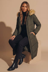 Khaki Longline Faux Fur Trim Puffer Jacket - Kiera