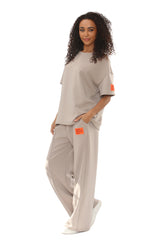 Beige Oversized Relaxed Fit with Lengthy Tee and Wide-Leg Trousers-Arielle