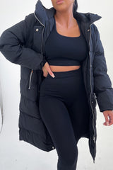 Black Hooded Longline Padded Zip Up Midi Coat - Naomi