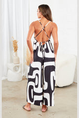 Black And White Strappy Backless Geometric Print Wide Leg Jumpsuit - Renata