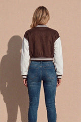 Brown Varsity Slogan Contrast Sleeve Bomber - Hallie