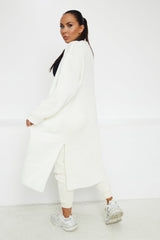 White Knitted Long Sleeve Side Split Longline Midi Cardigan - Avery