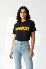 Black Oversized 'Baby Girl' Flame Slogan Print Short Sleeve T-shirt - Dea
