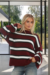 Wine And Black Striped Oversized Knitted Jumper - Aimee