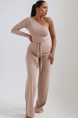 Beige One Shoulder Belted Wide Leg Jumpsuit - Evelyn