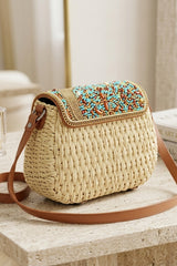 Beige Woven Beaded Flap Crossbody Bag - Wyaba