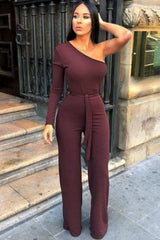 Brown Belted One Shoulder Jumpsuit - Evelyn