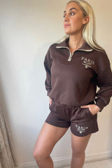 Chocolate Brown Zip Neck Sweatshirt and Short Paris Milano Print Co ord Loungewear Set - Celestara