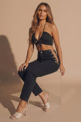 Black High Waisted Chain Detail Straight Leg Jeans - Marisol