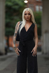 Black Plunge Neck Silver Glitter Sleeveless Jumpsuit - Orianda