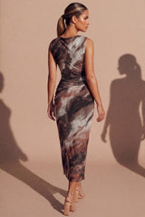 Rust Marble Print Ring Detail Ruched Maxi Dress - Lila