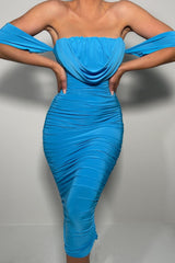 Blue Bardot Cowl Neck Ruched Midi Dress - Malia