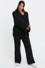 Black Button Through Relaxed Fit Knitted Loungewear Set - Olivia