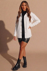 White Distressed Oversized Shacket With Rock & Roll Back Slogan - Roina