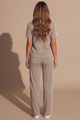 Mocha Stripe Detail Wide Leg Lounge Set - Tranx