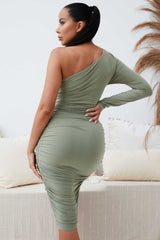 Sage One Shoulder Ruched Slinky Midi Dress - Savannah
