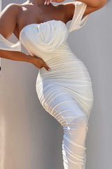 White Bardot Cowl Neck Ruched Midi Dress - Malia