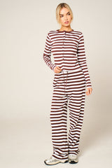 Brown Contrast Striped Molly Button Top and Wide Leg Trousers - Elisanta