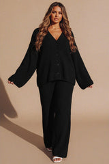 Black Button Through Relaxed Fit Knitted Loungewear Set - Olivia