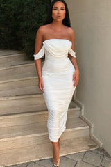 White Bardot Cowl Neck Ruched Midi Dress - Malia