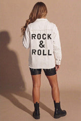 White Distressed Oversized Shacket With Rock & Roll Back Slogan - Roina