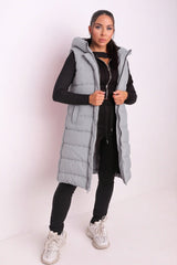 Smoke Grey Sleeveless Longline Midi Zip Up Hooded Puffer Gilet - Terri
