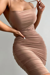 Camel Ruched Midi Bodycon Dress - Taylor