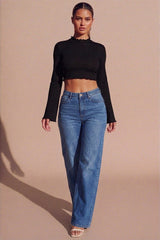 Black Ribbed Lettuce Trim Flare Long Sleeve Top - Zephira