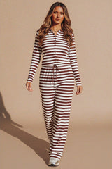 Brown Contrast Striped Molly Button Top and Wide Leg Trousers - Elisanta