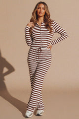 Brown Contrast Striped Molly Button Top and Wide Leg Trousers - Elisanta