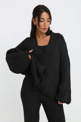 Black Button Through Relaxed Fit Knitted Loungewear Set - Olivia