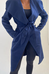 Navy Waterfall Duster Belted Long Coat - Pola