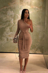Beige One Shoulder Ruched Slinky Midi Dress - Savannah