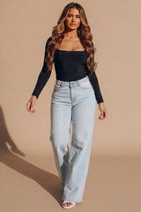 Black Slinky Long Sleeve Square Neck Top - Thalina